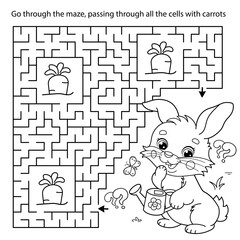 Maze or Labyrinth Game. Puzzle. Coloring Page Outline Of cartoon cute bunny or rabbit with a watering can and with carrot and cabbage. Coloring Book for kids.