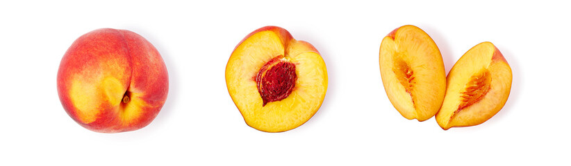 Set of whole peach and slices on white. Clipping path
