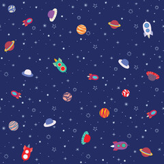 Outer space vector repeat pattern. Stars, rockets, alien saucers and planets