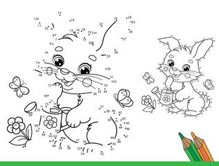 Puzzle Game for kids: numbers game. Coloring Page Outline Of cartoon cute bunny or rabbit with a watering can and with flowers and butterflies. Coloring Book for children.