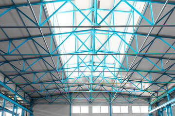 Roof steel beam structure in Industrial factory. Warehouse metal roofing, Large steel roof structure