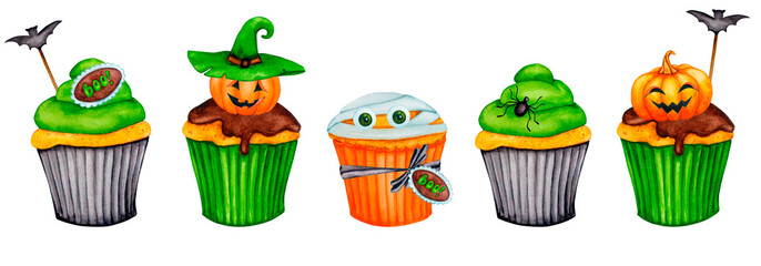 A set of muffins, cupcakes for Halloween. Collection of elements in orange, green and black colors for the design of cards, invitations, posters, stickers, fabric, print.