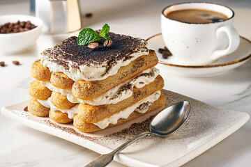 Delicious tiramisu served on white plate