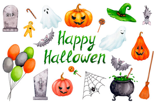 Large set of watercolor elements for Halloween. Collection of elements for the design of cards, invitations, posters, stickers. Lettering, pumpkins, sweets, spider web, cauldron, graves, witch hat.