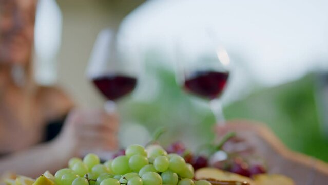 Female hands holding wineglasses and enjoying fresh, juicy grapes. Blurred close-up shot of women clinking glasses with red wine. High quality 4k footage
