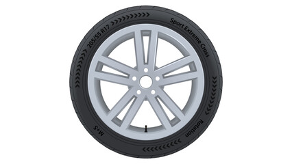 Fototapeta premium Car Wheel assembly. A cast or forged disc and a tire with a tread with inscriptions indicating the direction of rotation, dimensions and seasonal conditions of use.