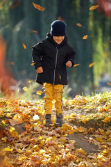 Autumn smiling boy portrait in fall yellow leaves. Little child in woolen hat, beautiful kid in park outdoor, warm clothing for october season.