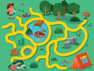 Can you help the boy in the forest reach the camp tent? Drawing activity and maze game for children. Vector illustration.