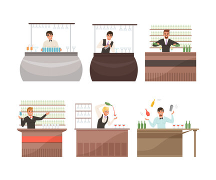 Professional bartenders mixing drinks at bar counter set cartoon vector illustration