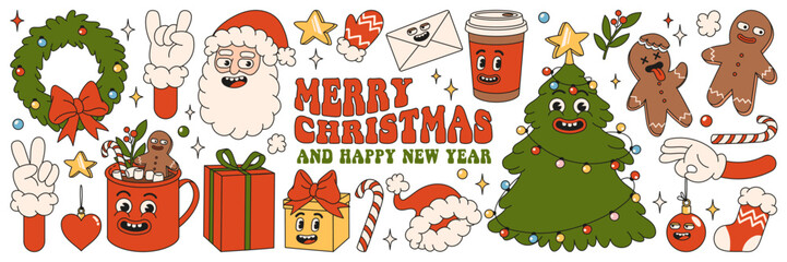 Merry Christmas and Happy New year. Santa Claus, Christmas tree, gifts, cocoa, coffee, gingerbread in trendy retro cartoon style. Sticker pack of cartoon characters and elements. © Martyshova