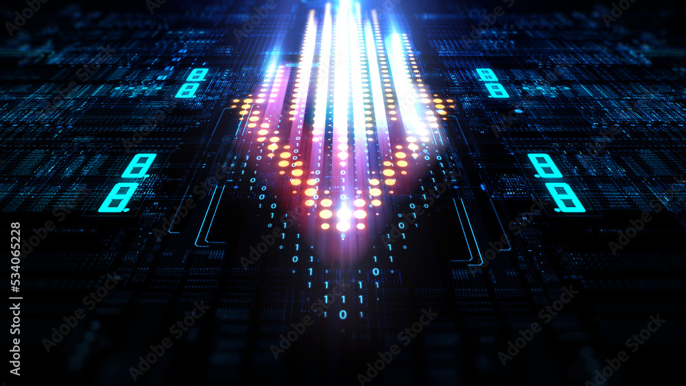 Poster Technology background moving data array/Technological background data transmission channel. Motion of digital data flow. Transferring of big data. Transfer and storage of data sets. 3d rendering