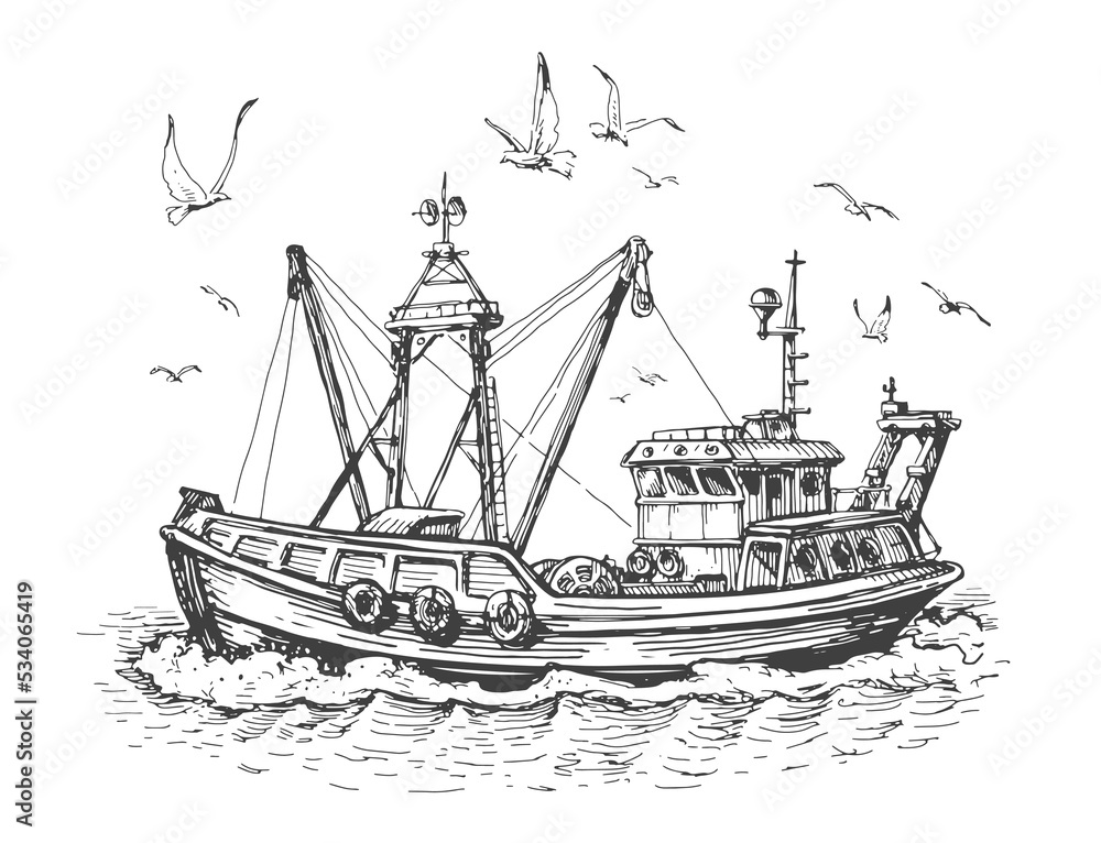 Wall mural Fishing boat in sea. Seagulls and vessel, ship on the water. Seascape, fishery sketch vector illustration