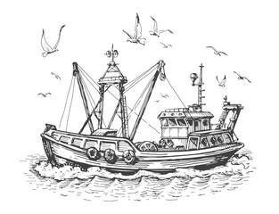 Fishing boat in sea. Seagulls and vessel, ship on the water. Seascape, fishery sketch vector illustration