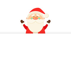 Vector Cute Funny Smiling Santa Claus Peeking Out From Behind a Banner, Signboard. Merry Christmas and Happy New Year Holiday Greeting Card