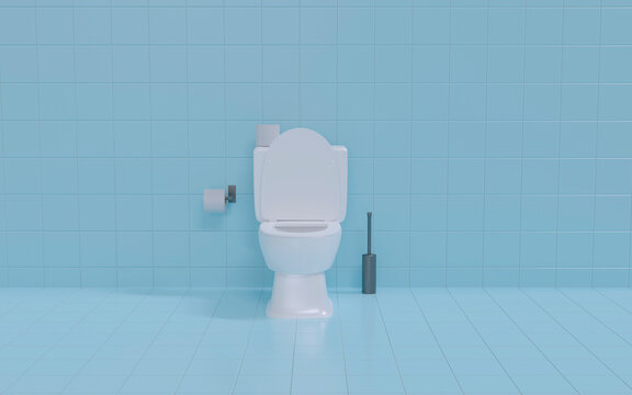 Ceramic opened white toilet bowl with toilet paper and a brush in the restroom with light blue ceramic tiles wall and floor background. Empty space for your design.  3d rendering illustration