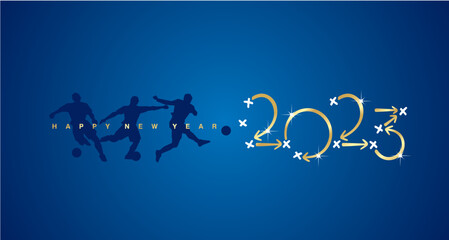 Happy New Year 2023 Soccer strategy plan golden arrows blue board background