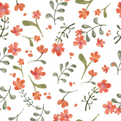 Watercolor seamless pattern with abstract orange flowers leaves and brunches. Hand drawn nature illustration  on white background. For interior, packaging design or print.