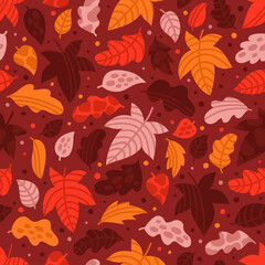 Seamless pattern with multicoloured autumn leaves. Unique design for gift paper and autumn greeting cards on Thanksgiving day