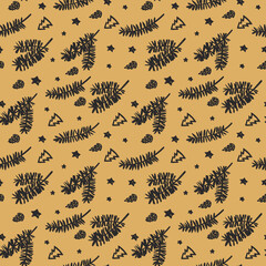 Seamless Christmas pattern with pine branches in cartoon style