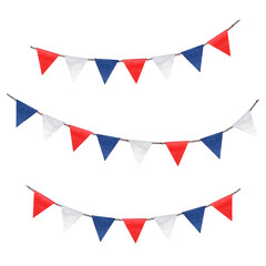 Obraz premium Cute colorful garlands with decorative holiday flags. Watercolor clip art with red, blue and white colors. Watercolor illustration isolated on transparent .