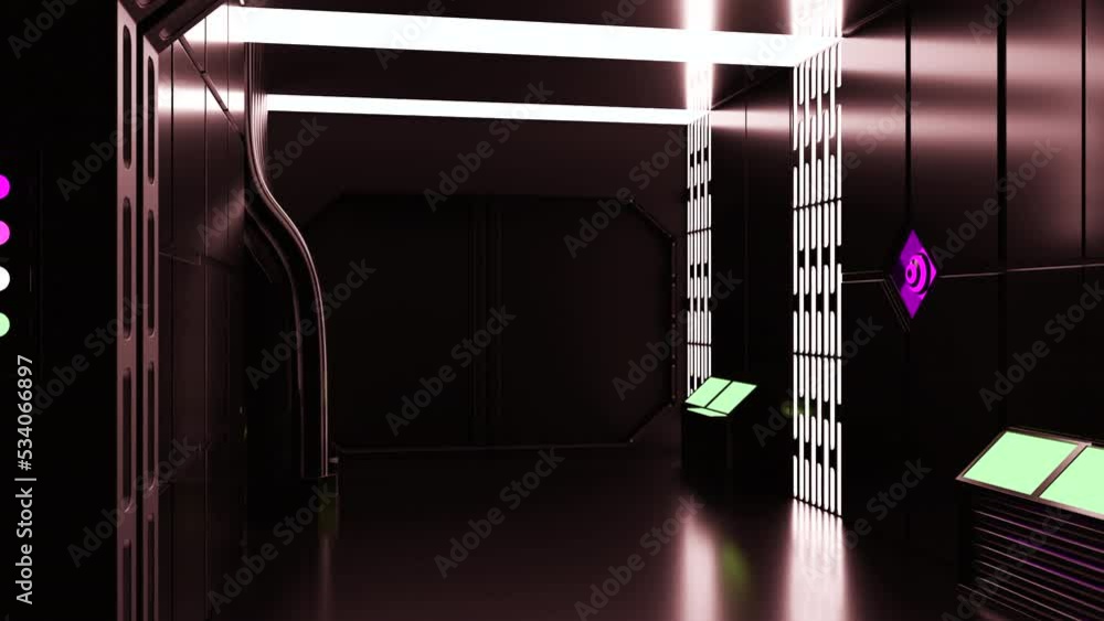 Poster futuristic 3d corridor with metal walls. design. 3d corridor in spaceship with neon lights. realisti