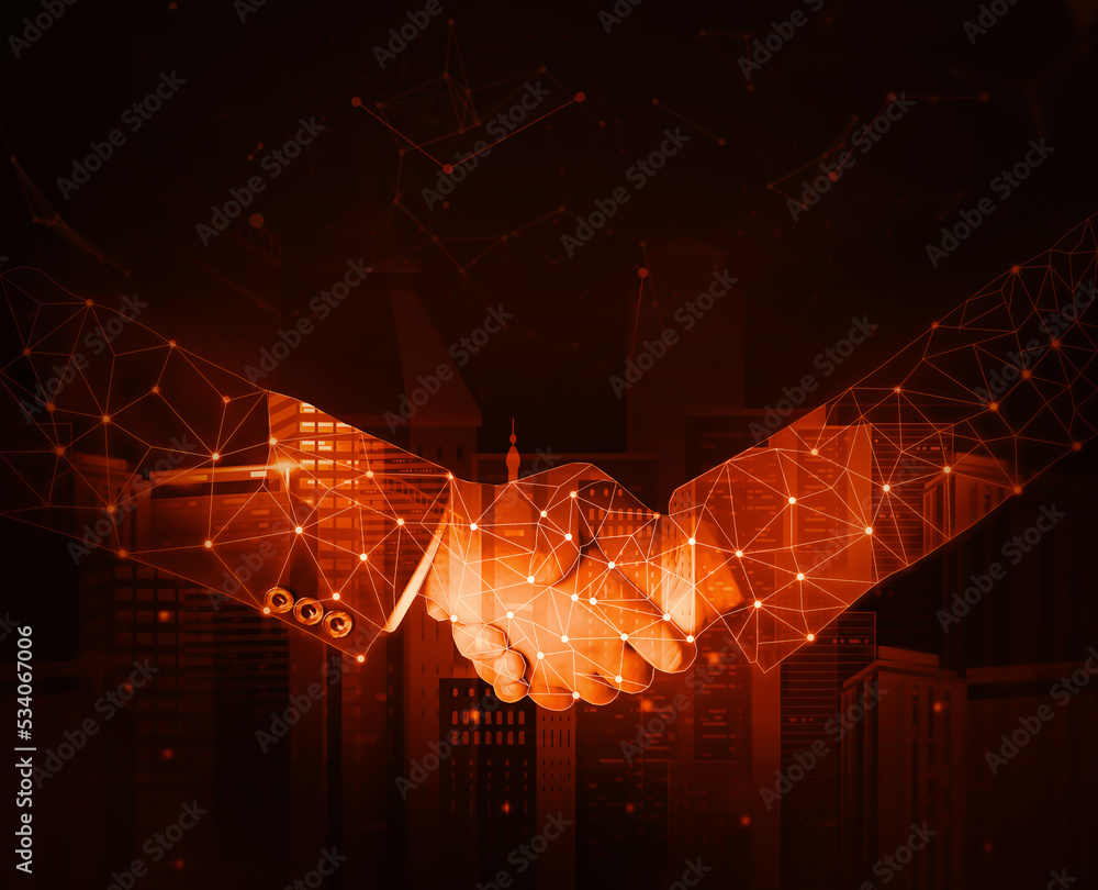 Poster modern and futuristic handshake technology background with buildings. new tech backdrop with glowing