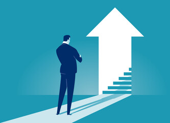 Fototapeta premium The career steps. Growth. Businessman watches an arrow sign with a staircase inside. Business vector concept illustration.
