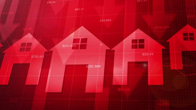 Real Estate graph with red arrows going downward 4K Animation. Business and houses prices concept backdrop