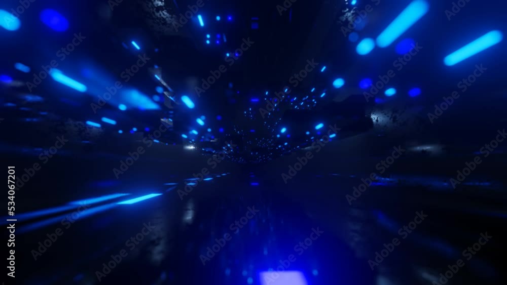 Poster blocks in air. large space. fly through technology cyberspace with blue neon glow. sci-fi flight thr