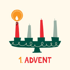 One Burning Candle in Candle Holder Retro Scandinavian Christmas Card. Nordic Style Flat Illustration. Winter Holidays Wallpaper. Christmas Advent Vector Graphic Print - 534067211