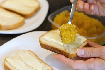 bread spread with salted pike caviar. close up