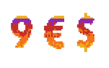set of letters and number made of multicolored bricks. 3d alphabet, nine, euro and dollar symbols