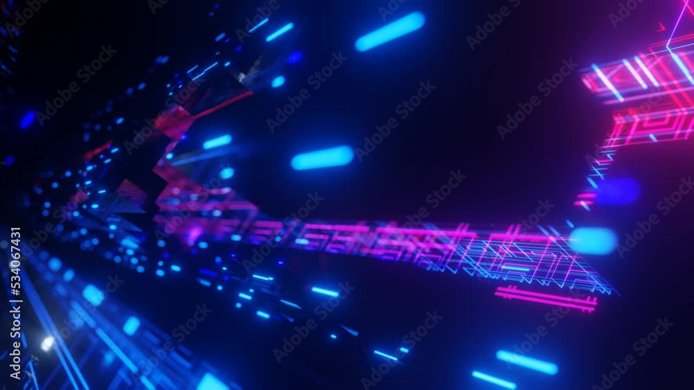 Poster fly through technology cyberspace with blue red neon glow. sci-fi flight through hi-tech technology 