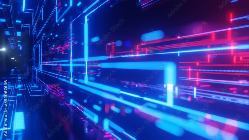 Poster pattern like sci-fi hologram. fly through technology cyberspace with neon glow. sci-fi flight throug