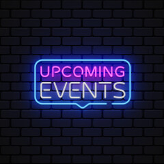 Fototapeta premium Upcoming Events neon sign vector. Upcoming Events Design template, light banner, night signboard, nightly bright advertising, light inscription. Vector illustration