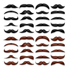 Various brown and black mustache. Vintage, retro mustaches. Facial hair, hipster beard. Vector illustration