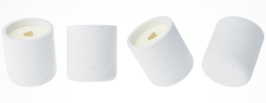 Set of different angles of handmade candle with wooden wick in white concrete jar 3D render, branding and mock-up design ready product concept