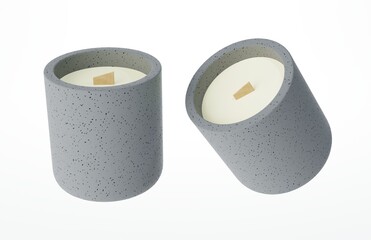Set of different angles of handmade candle with wooden wick in concrete jar 3D render, branding and mock-up design ready product concept