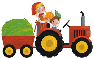 cartoon scene with working farmer woman mother with son illustration for children