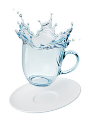 Splashing water in the shape of a coffee cup with porcelain saucer.