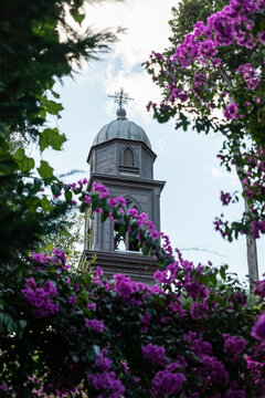 church image with flowers , religion and belief concept