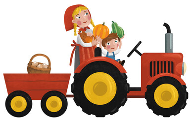 cartoon scene with working farmer woman mother with son illustration for children