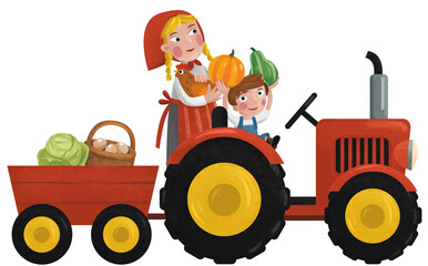 cartoon scene with working farmer woman mother with son illustration for children