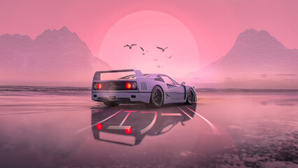 car with sun and mountain background 