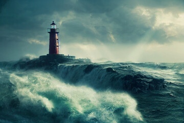 Obraz premium Lighthouse at the high vertical cliff in the middle of stormy sea