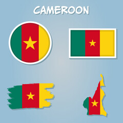 Cameroon vector set. Detailed country shape with region borders, flags and icons.