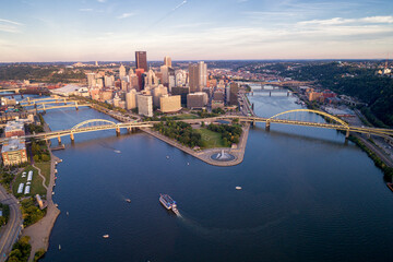 Aerial view of Pittsburgh, Pennsylvania. Business district Point State Park Allegheny Monongahela Ohio rivers in background. - obrazy, fototapety, plakaty