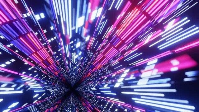 Fly through mirror designs form tunnel technology cyberspace with neon glow. Sci-fi flight through design complexity. Neon light. 3d looped seamless 4k bright background.