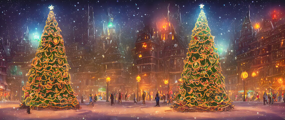 Naklejka premium Artistic concept painting of a christmas street at night, background illustration.