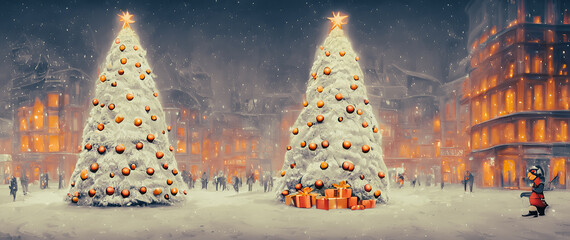 Artistic concept painting of a christmas street at night, background illustration.